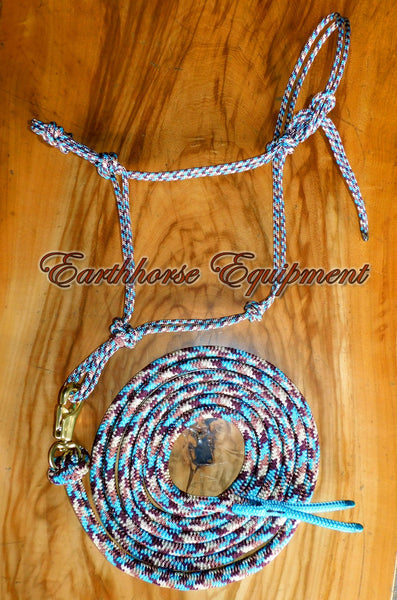 Stiff rope halter, four knot noseband with 12ft loop lead, BRASS bullclip.