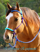 Sliding chin riding halter with V brow, Purple/turquoise