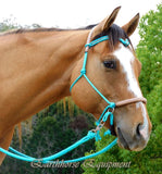 Sliding chin riding halter with V brow, turquoise, brown/beige zig zag padding