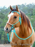 Sliding chin riding halter with V brow, turquoise, brown/beige zig zag padding