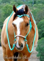 Sliding chin riding halter with V brow, turquoise, brown/beige zig zag padding